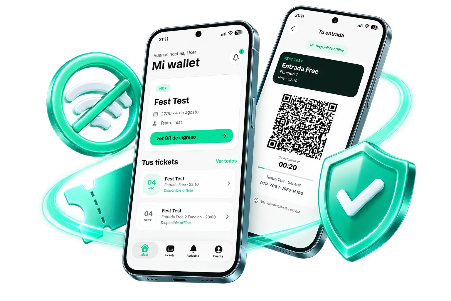 Dos pantallas de Doctapass Wallet mostrando la lista de entradas y el QR de ingreso